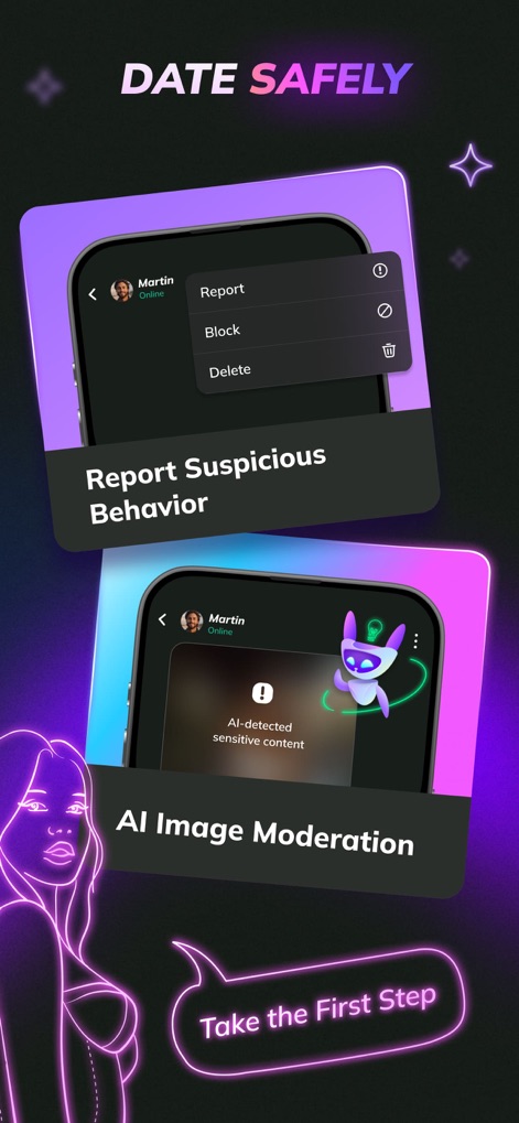 Flirtini - Match, Chat, Flirt - The app ensures user safety with robust features, including options to "Report" suspicious behavior and AI-powered detection of "sensitive content" in chats.