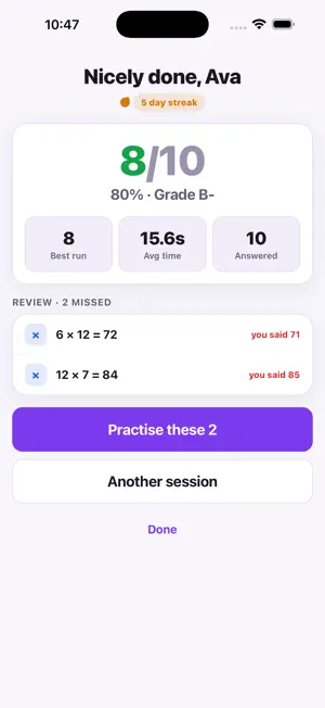 Timed math facts screenshot 3