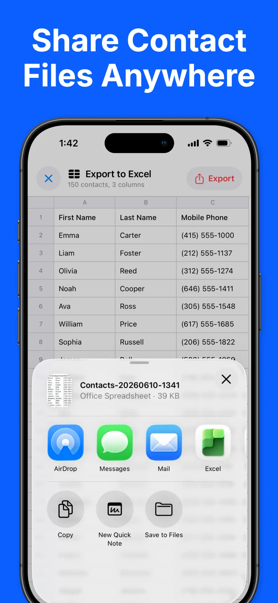 Export Contacts to Excel & CSV showing Excel, CSV, PDF, and vCard contact export options on iPhone (5/6)