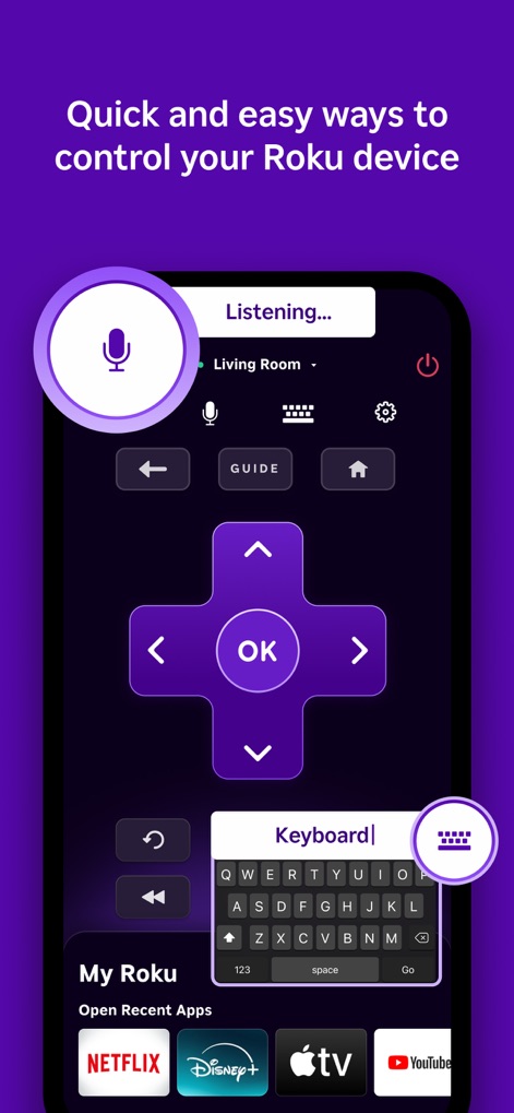 The Roku App (Official) - Ofrece métodos de entrada convenientes para el control, mostrando el icono del micrófono para búsqueda por voz y el teclado en pantalla para texto.