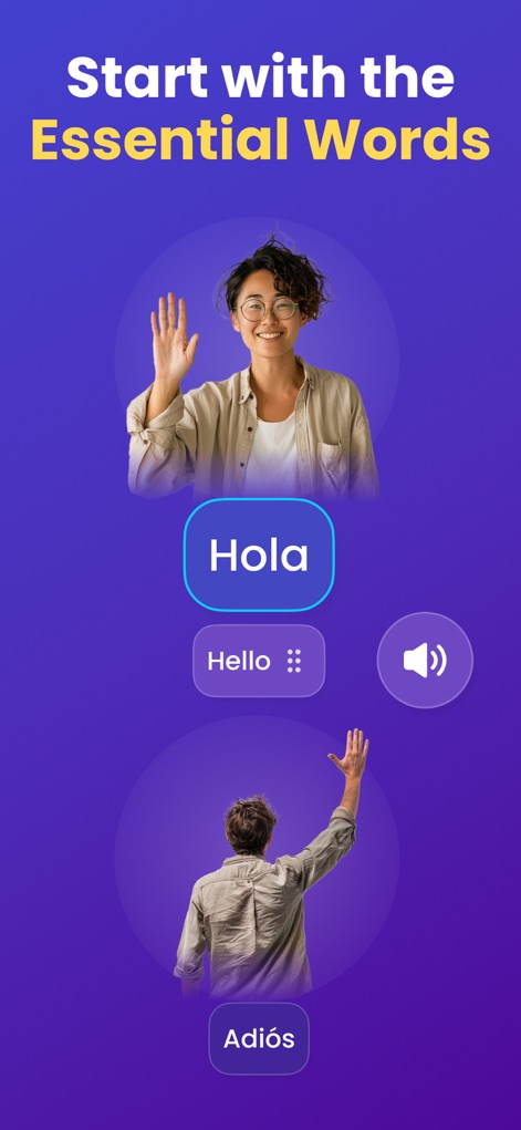 Mondly: Learn 41 Languages - The app introduces core vocabulary with visual aids, presenting essential words like "Hola" and "Adiós" alongside corresponding speaker icons for pronunciation.