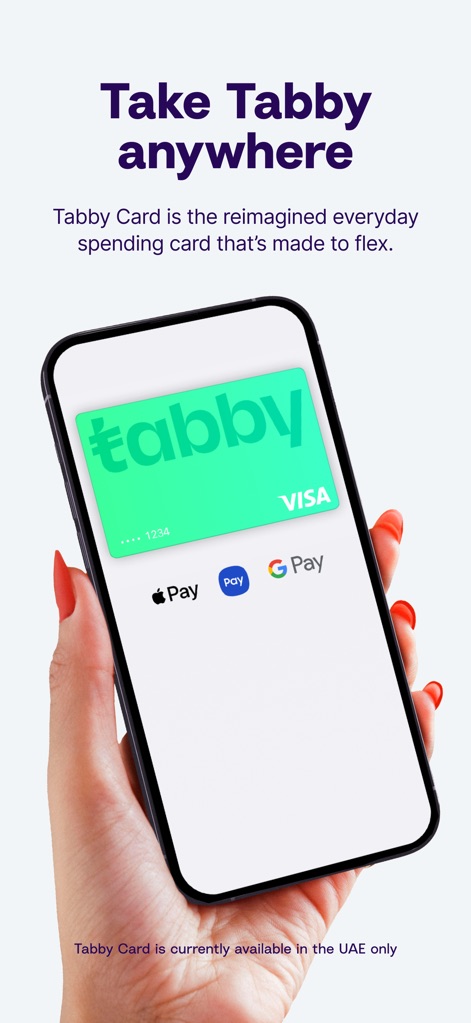 Tabby: Pay over time - Discover the versatility of the Tabby Card, presented alongside popular digital wallet options like Apple Pay and Google Pay for seamless transactions.