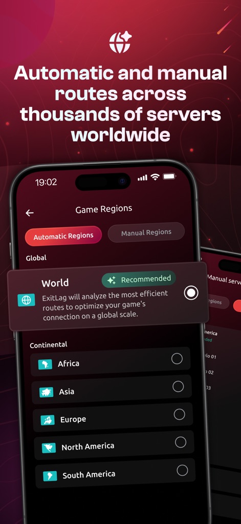 ExitLag: Lower your Ping - The app illustrates flexible 'Automatic Regions' and 'Manual Regions' options, allowing users to select optimal server routes across various global continents.