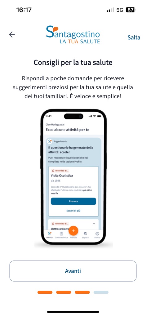 My Santagostino - 健康に関する貴重なヒントを提供するこの画面では、ユーザーは質問に答えることでパーソナライズされた提案を受け取れます。眼科検診のリマインダーと「詳細を見る」ボタンが視覚的に強調されています。