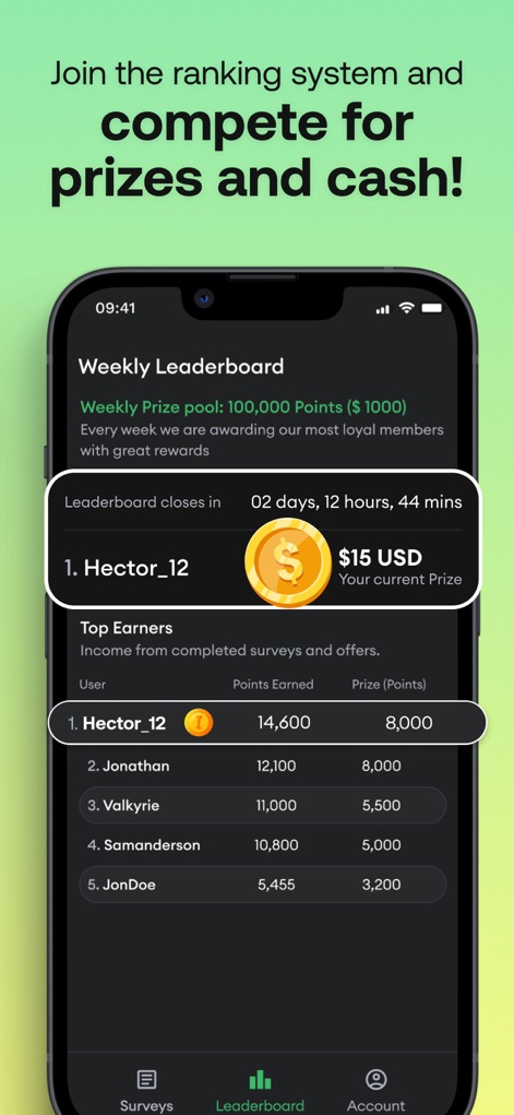HeyCash - Earn Free Cash Now - A funcionalidade de placar de líderes do aplicativo incentiva a competição amigável, apresentando uma 'Weekly Leaderboard' onde os usuários podem ver sua posição e o prêmio de $15 USD para os melhores colocados.