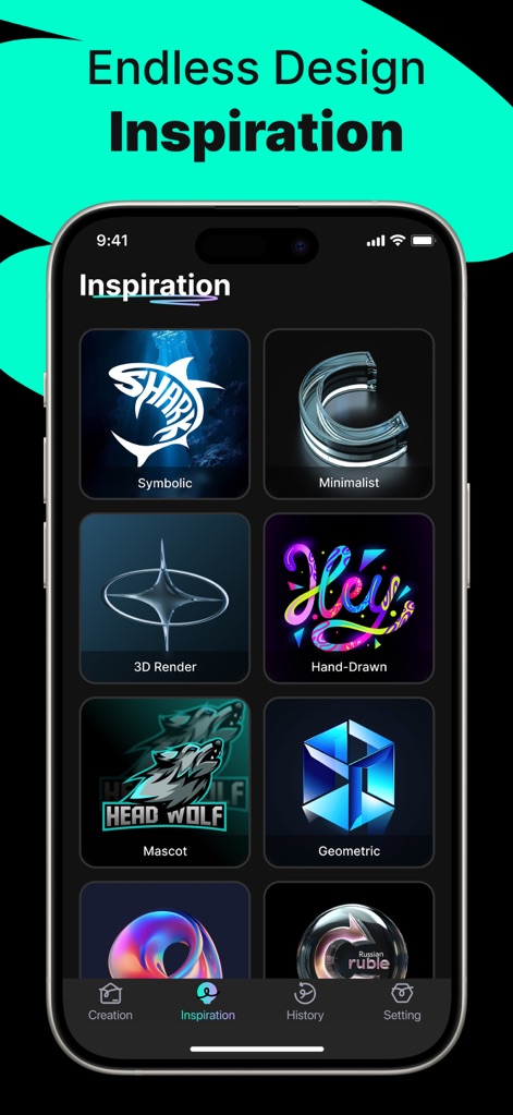 Logo Maker - AI Art Design - Gli utenti possono esplorare categorie di design come "Minimalist" o "3D Render" nella sezione ispirazione per trovare nuove idee e perfezionare la direzione creativa.