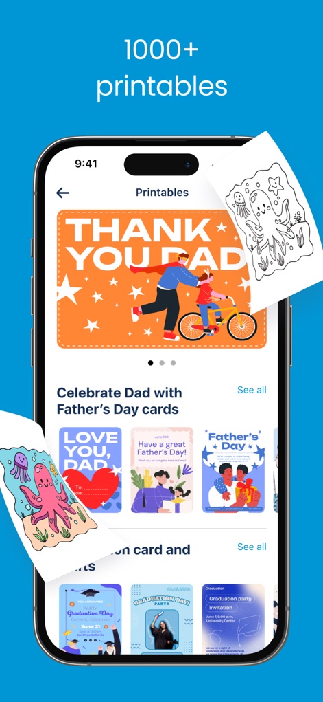 Smart Printer App & Scan - La aplicación ofrece una vasta colección de imprimibles, desde tarjetas de felicitación personalizadas para el Día del Padre hasta páginas para colorear, para actividades educativas y de ocio.