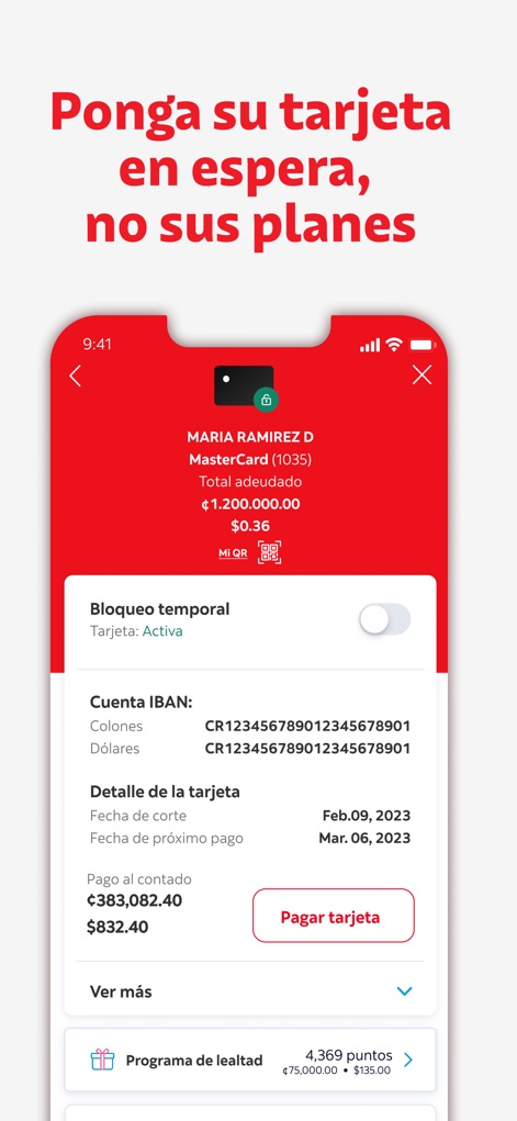 DAVIbank Costa Rica - 이 스크린샷은 'Bloqueo temporal' 토글을 통해 사용자가 카드를 일시 정지하고, 'Pagar tarjeta' 버튼을 사용하여 'Total adeudado'를 간편하게 결제하는 등 신용카드를 완벽하게 관리할 수 있음을 보여줍니다.