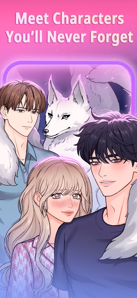 Unfolded: Webtoon Stories - 이 앱은 로맨틱한 분위기와 드라마틱한 포즈를 취하고 있는 개성 넘치는 캐릭터 디자인을 통해 사용자에게 깊은 인상을 남기며, 환상적인 세계관을 암시하는 요소들을 시각적으로 제시합니다.