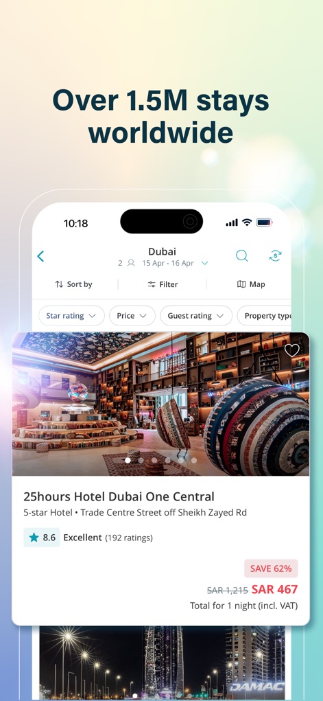 Almosafer: Flights & Stays - This display showcases the app's vast accommodation inventory, presenting detailed property views like '25hours Hotel Dubai One Central' and sophisticated filtering by 'Star rating' for precise searches.