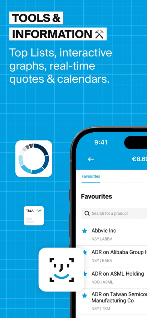 DEGIRO - Online Trading App - See how the app facilitates personalized tracking with a dedicated 'Favourites' list and allows quick product discovery via its search functionality.