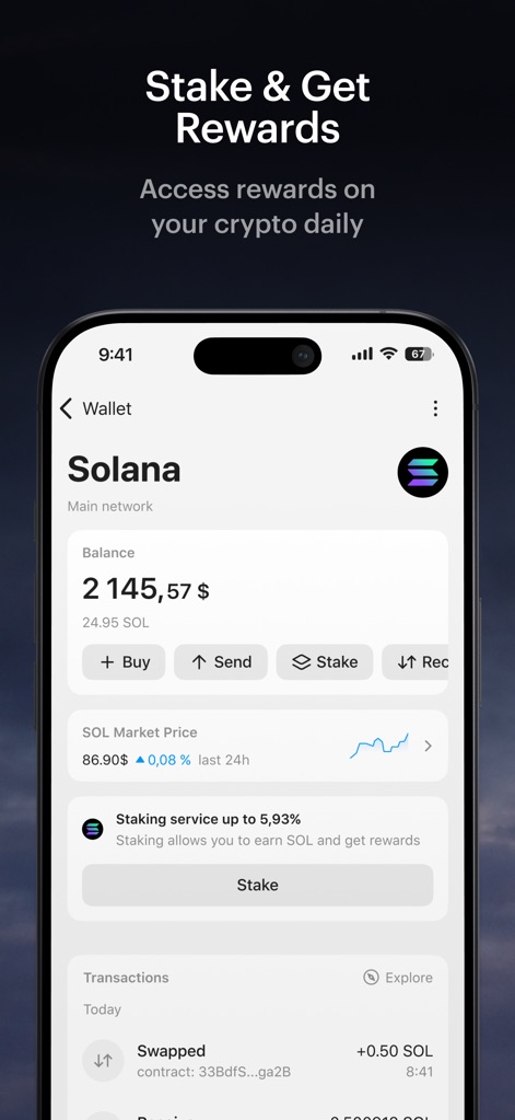 Tangem - Crypto wallet - Das Bild zeigt die Möglichkeit, "Stake & Get Rewards" zu nutzen, ersichtlich durch die angezeigten "Solana"-Wallet-Details und eine Staking-Möglichkeit von bis zu "5,93%".