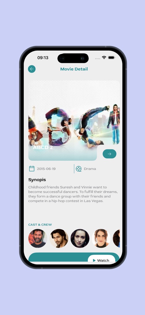 Comp Study - Cine Mood - Esta pantalla proporciona una vista exhaustiva de cada película, mostrando la sinopsis detallada y un carrusel de imágenes del 'Cast & Crew', ofreciendo un vistazo completo a títulos como 'ABCD 2'.
