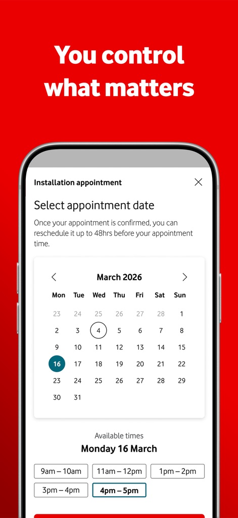 My Vodafone Australia - The app empowers users to manage appointments through an intuitive calendar view and selectable time slots for convenience.