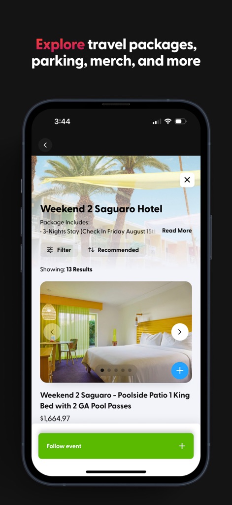 Tixr - Event Tickets - Users can explore diverse offerings, from 'Travel Packages' with hotel stays to additional options, complete with a 'Filter for specific needs'.