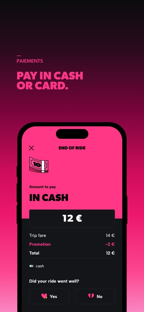 Heetch - Ride-Hailing App 24/7 - The app offers diverse payment flexibility, displaying an 'End of Ride' summary that includes both cash payment selection and the application of promotional discounts.