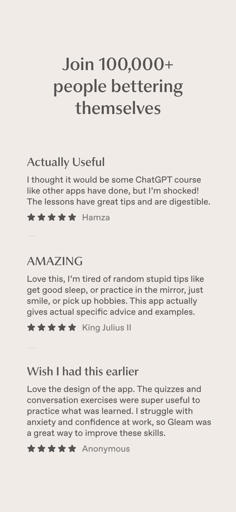 Gleam: Social Intelligence - This platform proudly features authentic user testimonials, including endorsements from 'Hamza' and 'King Julius II', highlighting the app's effectiveness.