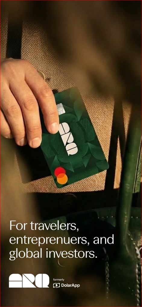 ARQ (formerly DolarApp) - The app showcases the sleek, green ARQ physical card with prominent Mastercard branding, highlighting its elegant design for global use.