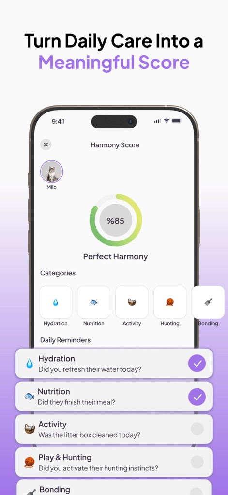 Omnipet - Pet Translator - Users can monitor their pet's well-being with the interactive 'Harmony Score' dial and detailed 'Daily Reminders' for hydration, nutrition, and activity.