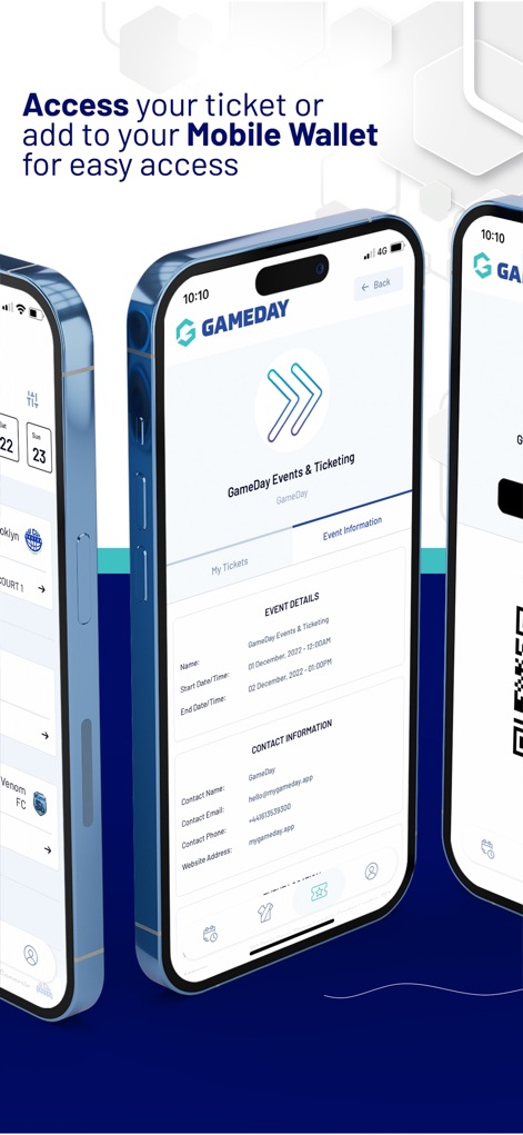 GameDay App - Die App ermöglicht den einfachen Zugang zu Veranstaltungstickets, wobei Details wie Event-Name und die Start-/Endzeit direkt sichtbar sind.