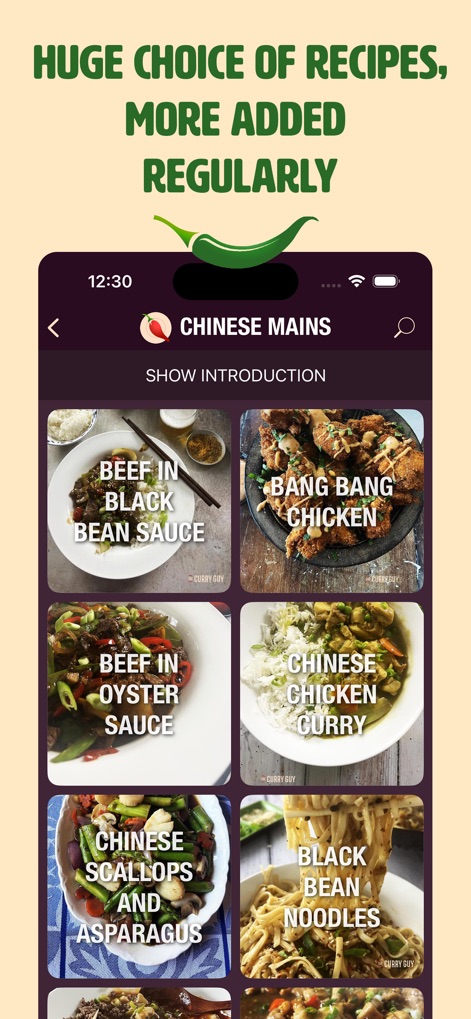 The Curry Guy - Spiced Recipes - L'app offre una vasta selezione di piatti principali, come mostrato dalla lista di "Chinese Mains", con ogni ricetta illustrata da un'immagine accattivante, dal "Beef in Black Bean Sauce" al "Bang Bang Chicken".