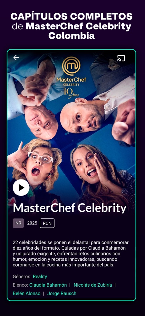 Canal RCN - Viewers can delve into popular reality shows, presented with the striking MasterChef Celebrity title card and comprehensive cast information.