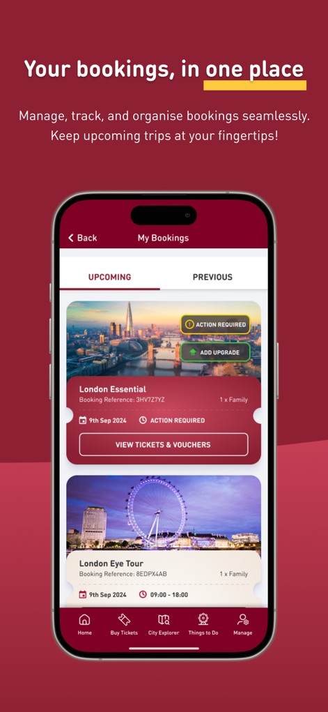 Big Bus Tours - This tool centralizes trip management, allowing users to view 'Upcoming' and 'Previous' bookings with specific details and access 'VIEW TICKETS & VOUCHERS' for their tours.