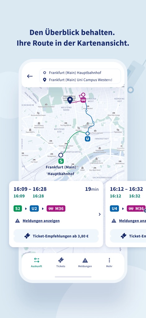 RMVgo - Users gain a comprehensive overview of their chosen route via an interactive map, complemented by detailed connection information below, showing lines like U4 and M36.