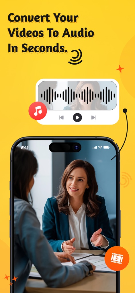SnapTube - Video & Photo Save - Die App bietet die Möglichkeit, Videos sekundenschnell in Audio umzuwandeln, was durch den deutlichen Hinweis 'Convert Your Videos To Audio In Seconds' und das darüber schwebende Audio-Wellenform-Symbol dargestellt wird.