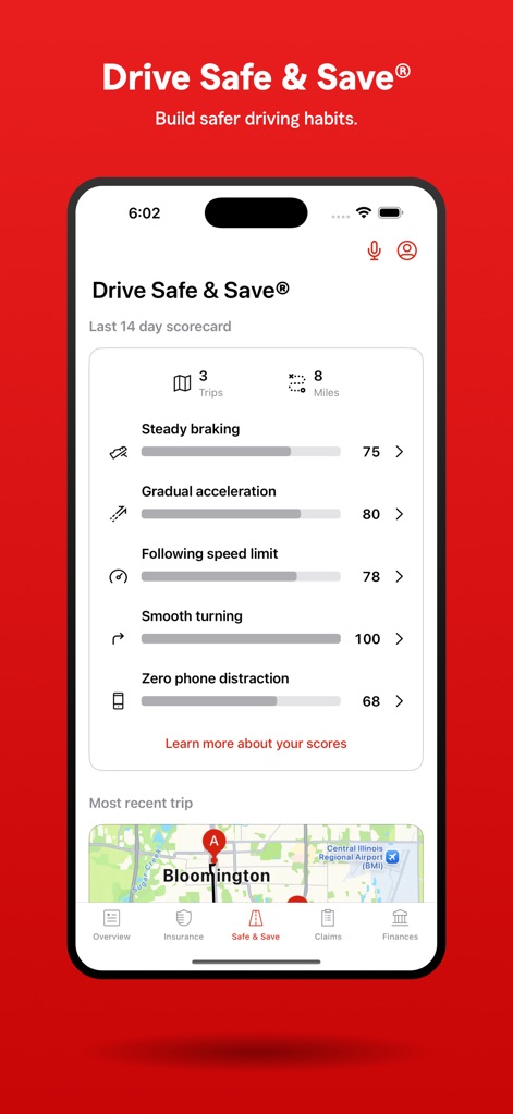 State Farm® - This feature displays detailed driving habit scores, including steady braking and gradual acceleration, alongside a map of the most recent trip.