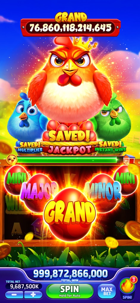 Jackpot Crazy-Vegas Cash Slots - See how the app presents the colossal Grand Jackpot total and the exciting 'SAVED! JACKPOT' bonus feature with lively cartoon chickens.