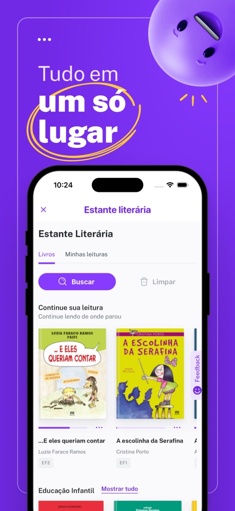 Plurall - SOMOS Educação - Explore the 'Estante literária' (Literary Shelf) where users can easily browse digital book covers and manage their reading progress.