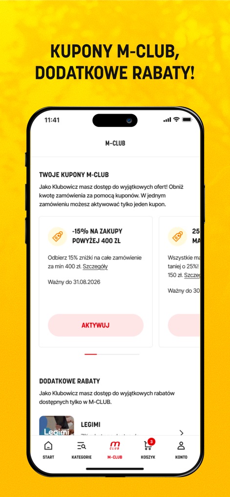 Martes Sport - Esta seção detalha os cupons M-CLUB disponíveis, como a oferta de '-15% NA ZAKUPY POWYŻEJ 400 ZŁ', e lista os descontos adicionais exclusivos para membros.