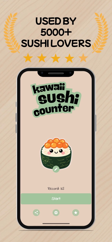 Kawaii Sushi Counter: Kawashi - The app's main interface features a clear 'Record' tracker and intuitive bottom navigation icons for sharing and settings.