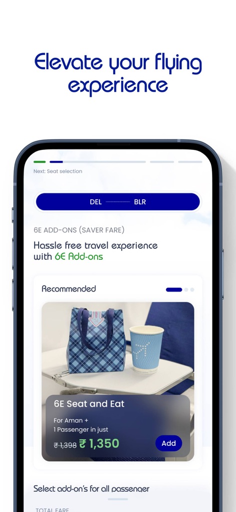 IndiGo: Flight Booking App - ユーザーは、特別料金で提供される「6E Seat and Eat」オプションなど、様々な「6Eアドオン」を追加してフライト体験を向上させられます。