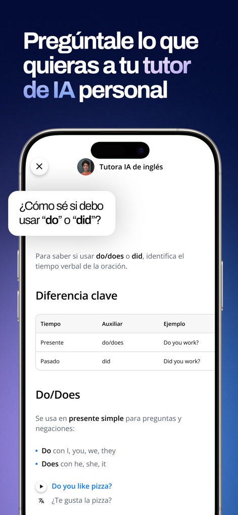 Master English - Discover how the personal AI tutor addresses specific grammar questions, providing detailed explanations with examples and comparative tables.