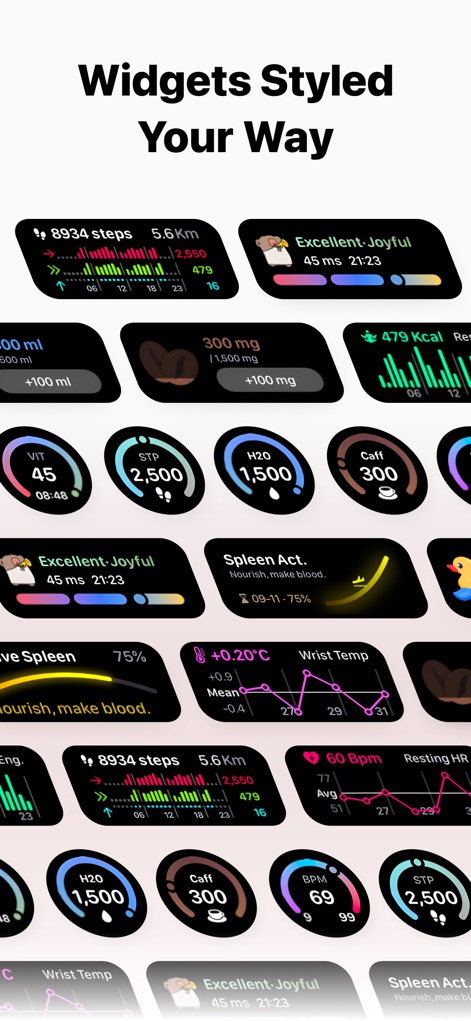 AMood: AI Mood Monitor - 本ツールは、歩数や心拍数を示す様々なデザインのウィジェットを提供し、ユーザーは気分状態や手首の温度といった多様な健康データを、好みに合わせてApple Watchのコンプリケーションに表示できます。