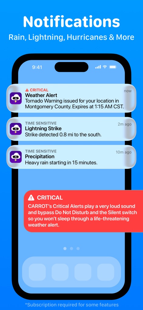 CARROT Weather: Alerts & Radar - The app delivers timely and critical notifications for severe weather events, including tornado warnings and lightning strikes, ensuring user safety.
