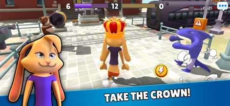 Battle Gang－Beast Fight Games - This scene highlights objective-based gameplay with a rabbit character prominently wearing a crown in a city street map, while a blue shark character approaches.