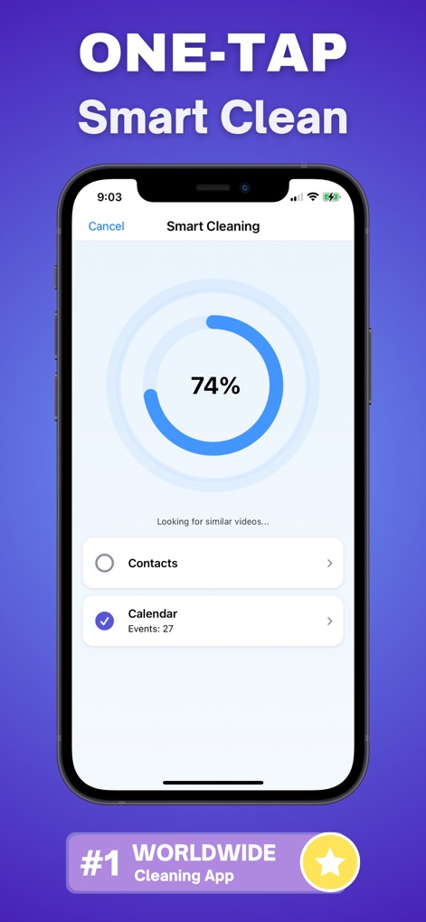 Photo Recovery: Pic Restore - Presenta una interfaz de 'Smart Cleaning' con un círculo de progreso del 74% y opciones para gestionar 'Contacts' y 'Calendar'.