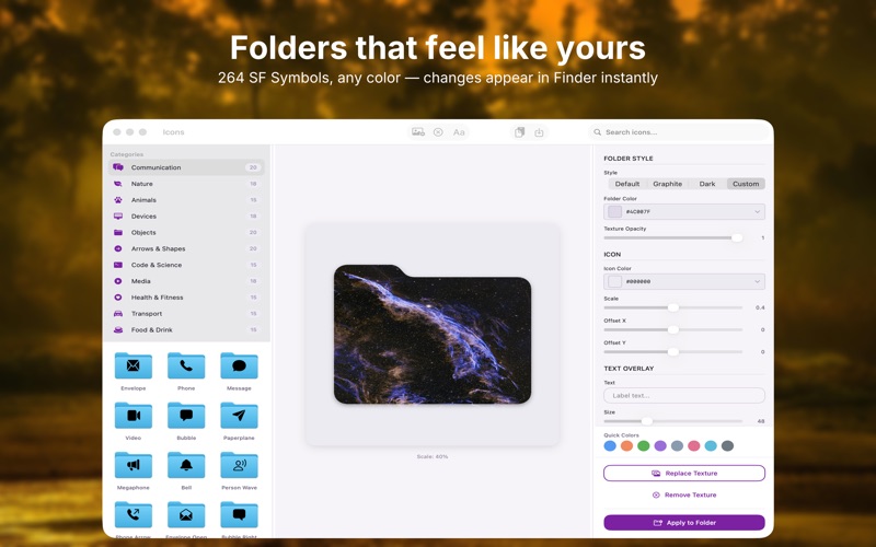 Icon browser with live folder preview