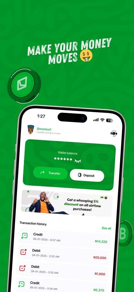 Monica - Pay, Send, Bills - The app showcases an intuitive dashboard with clear wallet balance visibility and a detailed transaction history for easy financial tracking.