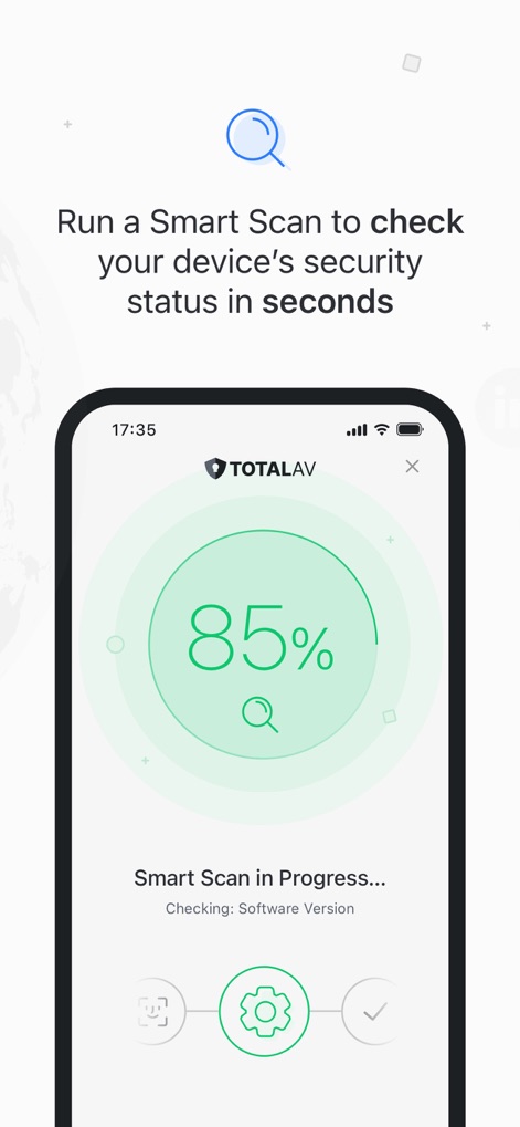 TotalAV - Observe the Smart Scan feature providing a clear "85%" progress indicator and displaying "Smart Scan in Progress..." to show real-time security checks.