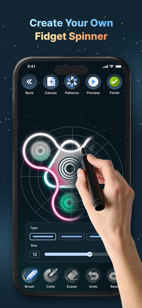 Finger Spinner: Neon Glow Art - 이 스크린샷은 사용자가 핑크, 화이트, 그린 색상을 사용하여 다채로운 피젯 스피너를 디자인하는 과정을 보여주며, 스피너의 타입과 크기를 조절하는 맞춤 설정 기능을 제공합니다.