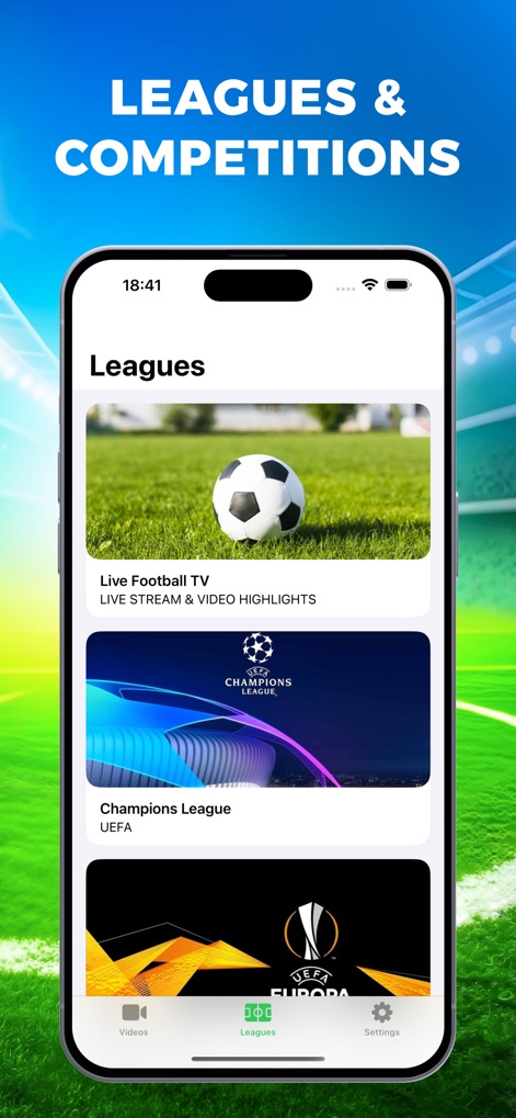 Live Football TV. Soccer Score - Users can effortlessly navigate through a comprehensive list of major leagues and competitions, including the Champions League and Europa League, to find their preferred content.