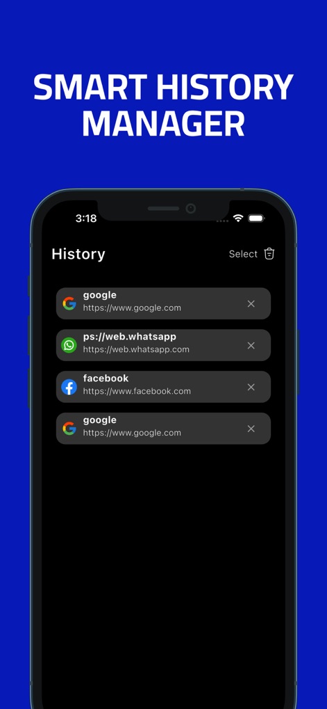 X Browser PRO - Private & Safe - L'application offre une gestion simplifiée de l'historique de navigation, avec la possibilité de sélectionner et de supprimer des entrées spécifiques et une icône de suppression dédiée.