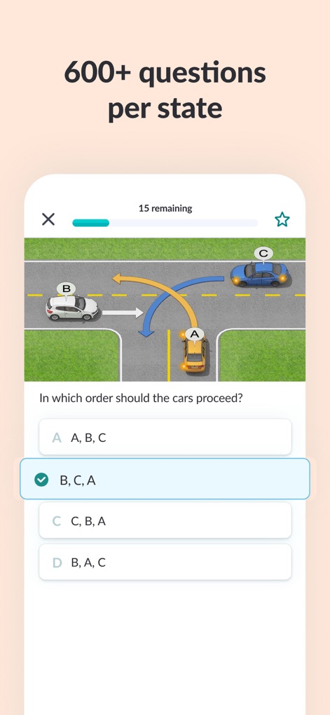 Zutobi: Permit & Driving Prep - The app presents engaging multiple-choice questions with dynamic traffic scenarios and an intuitive progress tracker.