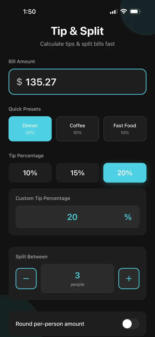 Screenshot #2 pour Fast Tip & Split Calculator