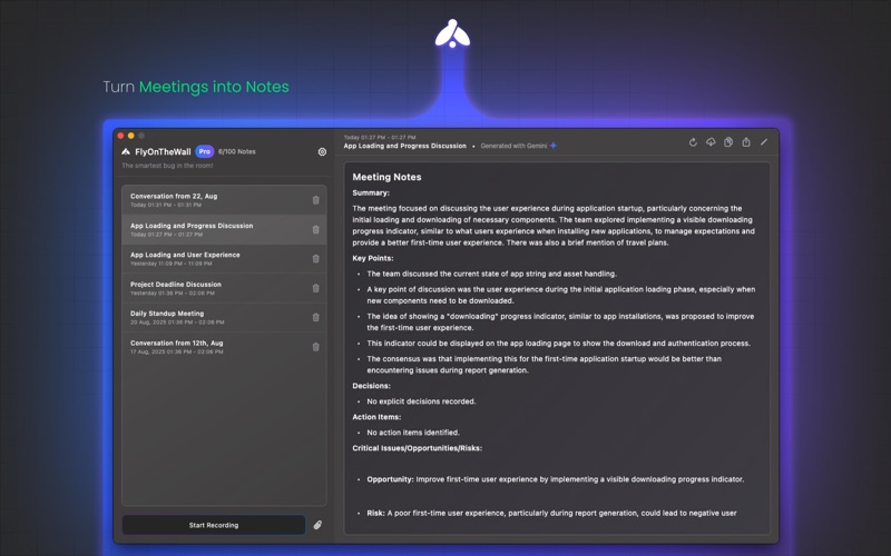 FlyOnTheWall: AI Meeting Notes app screenshot