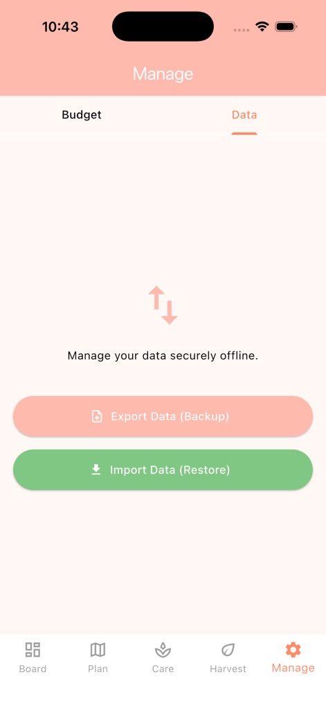 SmartCart：Farm gardening - This feature ensures data security with 'Export Data (Backup)' and 'Import Data (Restore)' options, complementing the financial oversight offered by the 'Budget' management tab.